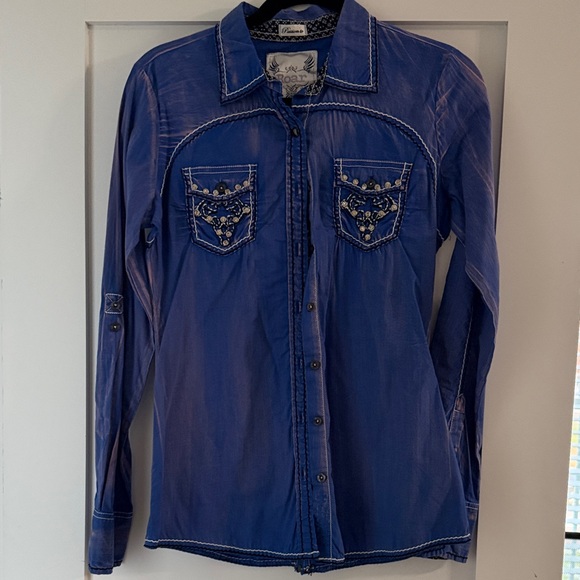 Rock & Roll Cowgirl Tops - ROAR Cowgirl Blue Embroidered Blouse